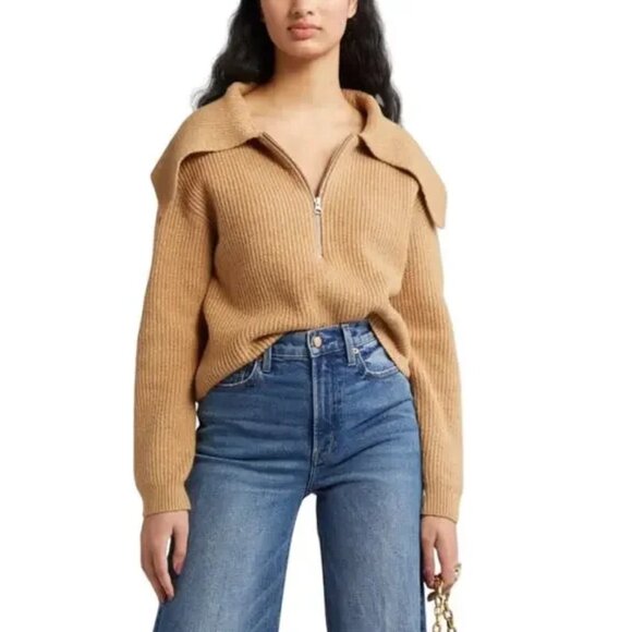 Open Edit Rib Half Zip Sweater Long Sleeve In Tan - Picture 1 of 5